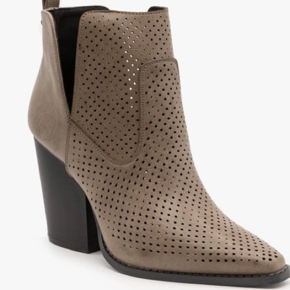 Qupid Mesh V Cut bootie faux leather closed pointy toe side cut 4” dark taupe - Picture 1 of 16